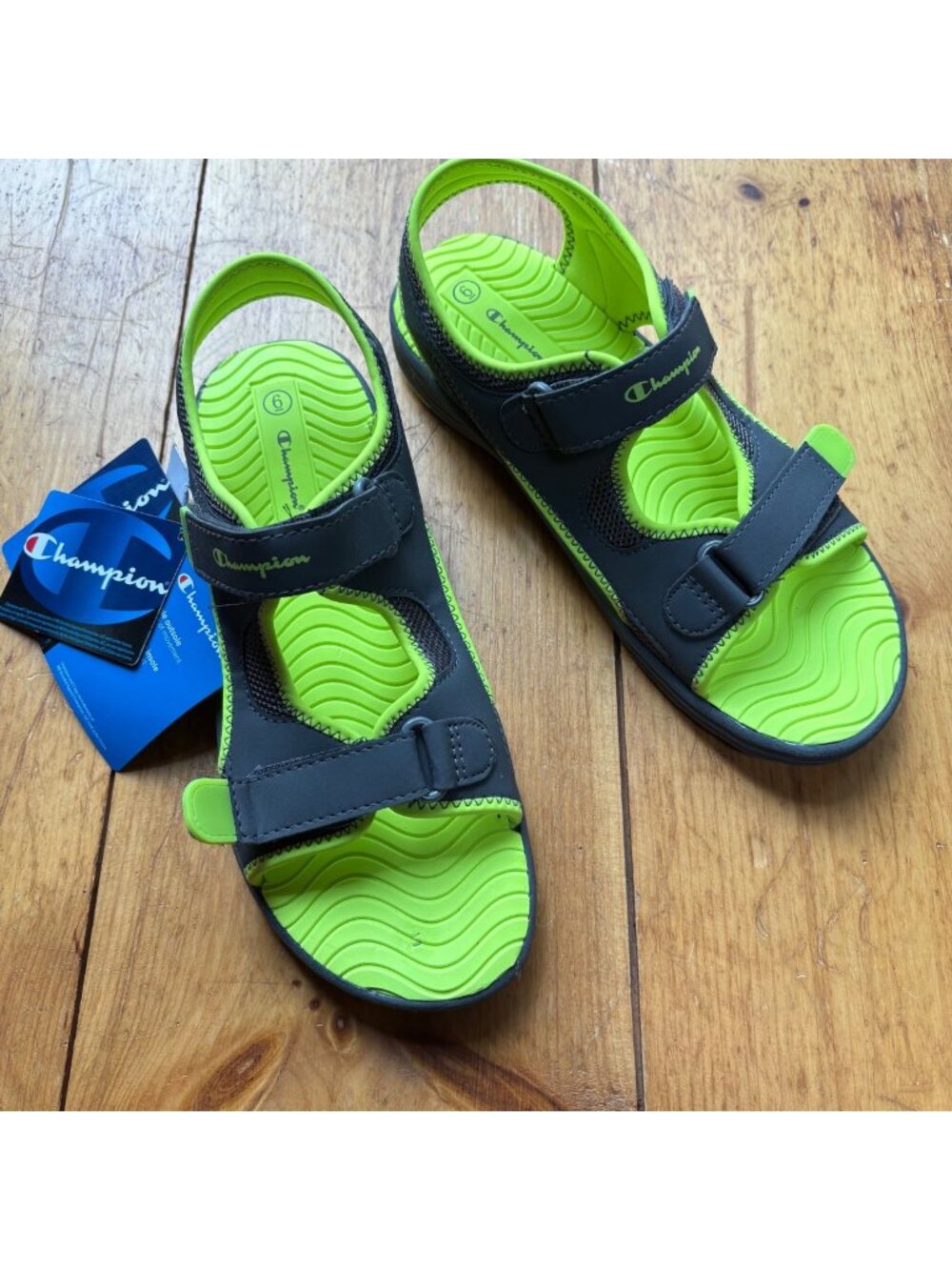 Champion Sport Sandals Gray Neon Green Adjustable Athletic & Water Velcro Sandal